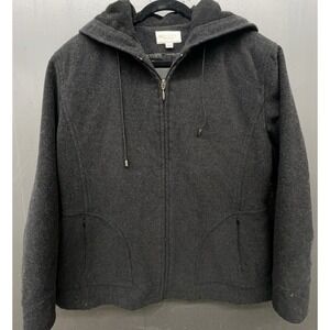 Woman Jacket L Black Gray Wool Blend Zip Pockets Hood Casual Preppy Minimalist
